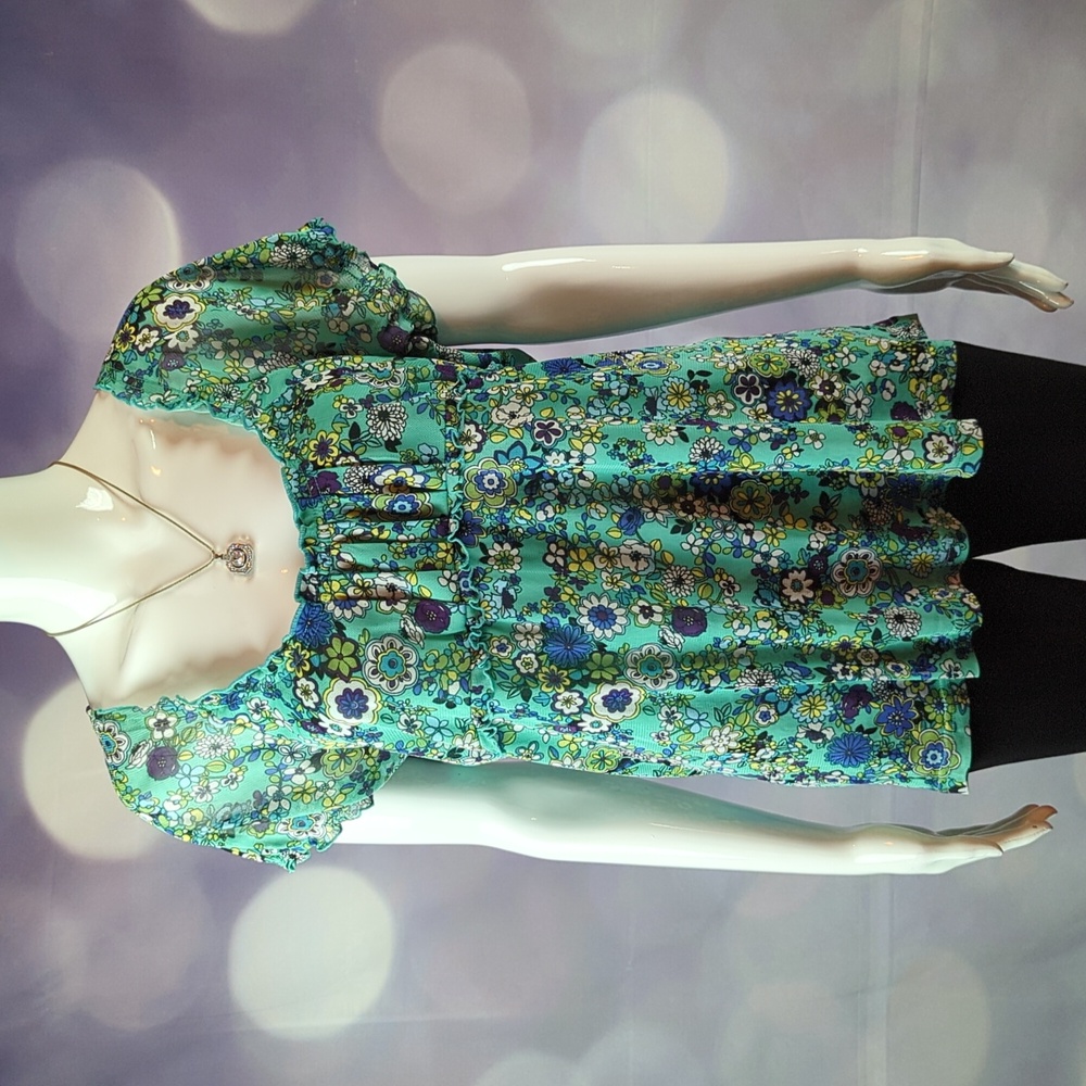 Allison Morgan sz XL Blue Green Floral Sheer Short Sleeve Ruffled & Pleated Top